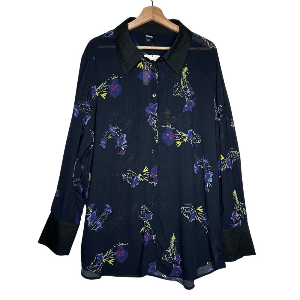 Saint+ Sofia Madison Shirt Blue Lily Gardens Floral Blouse Top Sz 16 Boho Chic